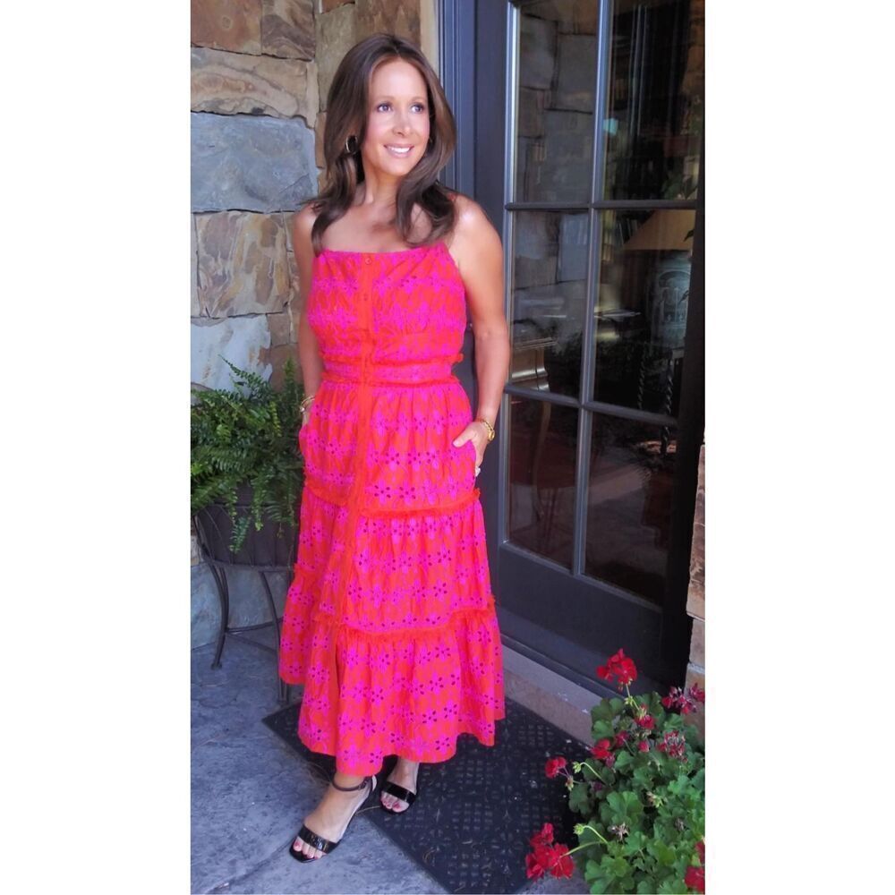 J Crew Bohemian Tiered Eyelet Button Front Midi Dress Size 2 Orange Red Pink